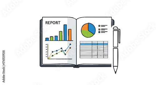 3.  **report writing document with charts and pen outline icon vector full color**
