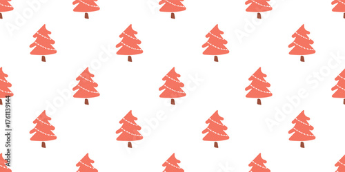 A simple, vibrant seamless vector pattern featuring stylized red Christmas trees closely repeated on a pure white background. Minimal holiday design