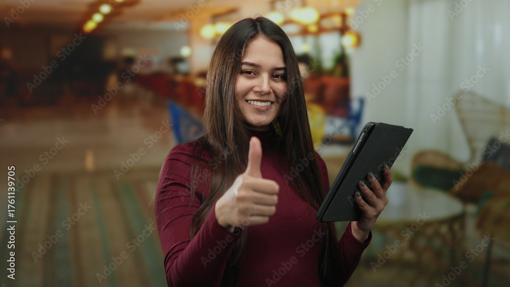 custom made wallpaper toronto digitalWoman smiling holding tablet giving thumbs up in a hotel lobby setting showcasing a positive and relaxed atmosphere indoors.