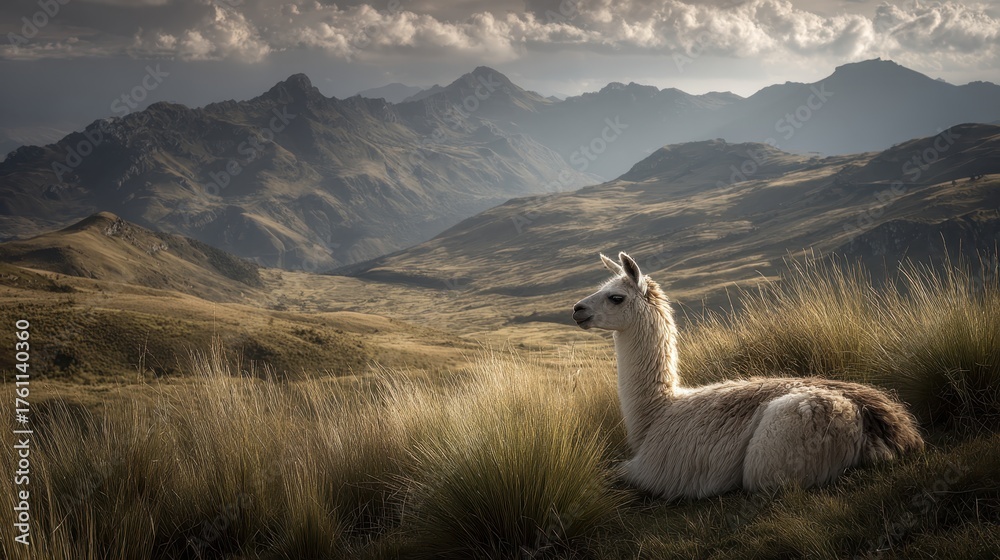 Naklejka premium Llama Resting in Andes Mountains Serene Landscape Peaceful Animal Scene
