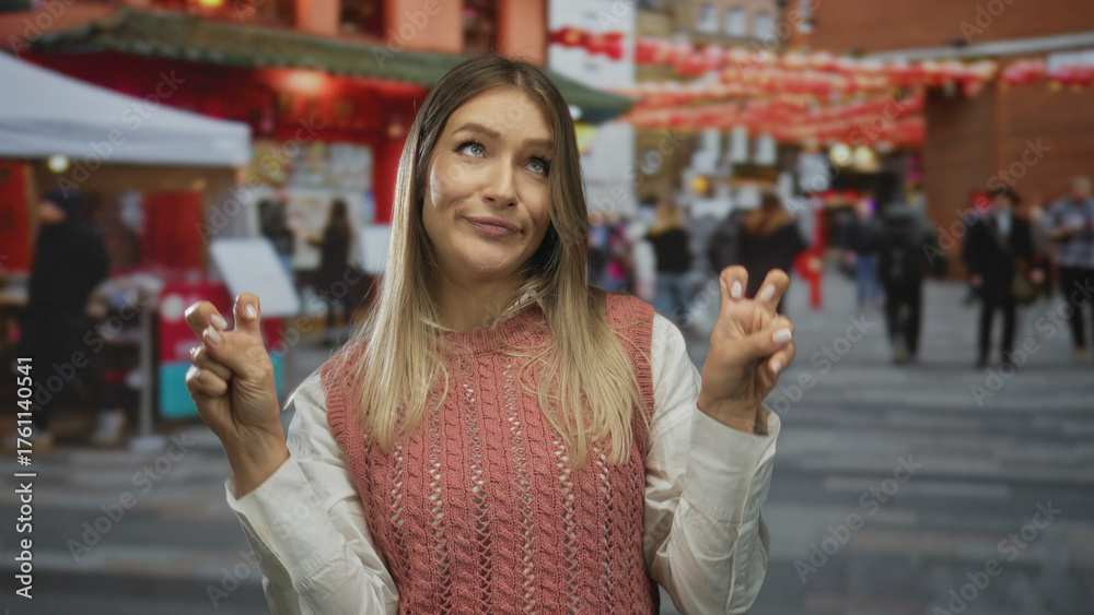 Fototapeta premium Woman smiling outdoors on busy city street gestures air quotes wearing casual outfit with vibrant urban backdrop enhancing lively atmosphere.