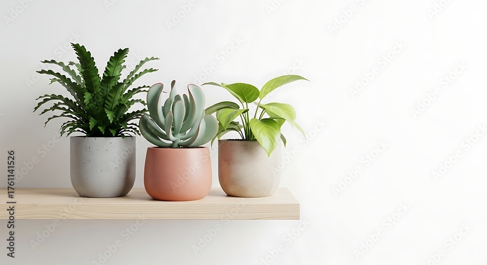 Fototapeta premium On a minimalist floating shelf made of light wood, a harmonious collection of three ornamental potted plants stands out against an immaculate white background.