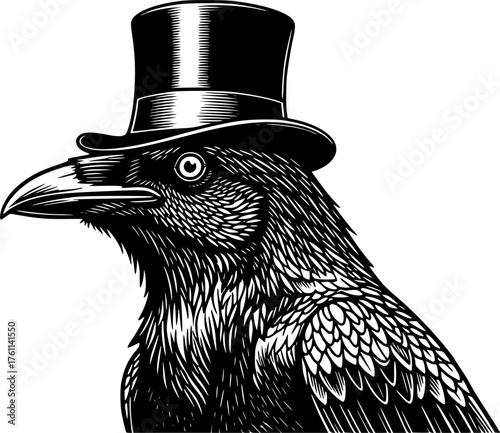 Raven Crow Wearing Top Hat in Detailed Black and White Outline Line Art Drawing
