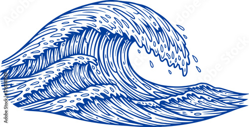 Ocean Sea Water Wave with Detailed Outline Line Art Drawing Illustration
