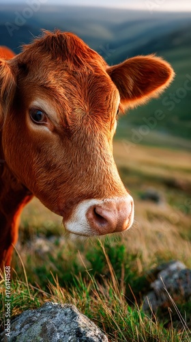 Calm cow grazing in a sunny summer meadow with vibrant green grass