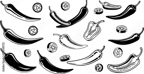 Falling or Floating Whole and Sliced Chilli Peppers Black and White Outline Line Art Drawing

