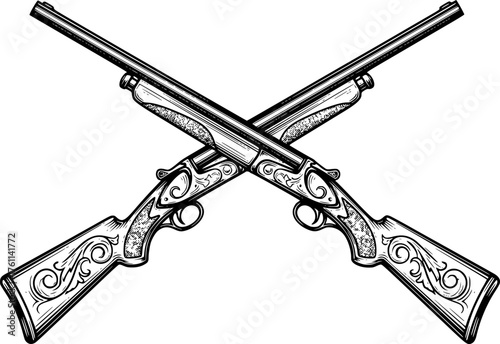Crossed Shotguns Vintage Style Black and White Outline Line Art Drawing with Detail Engraved Look

