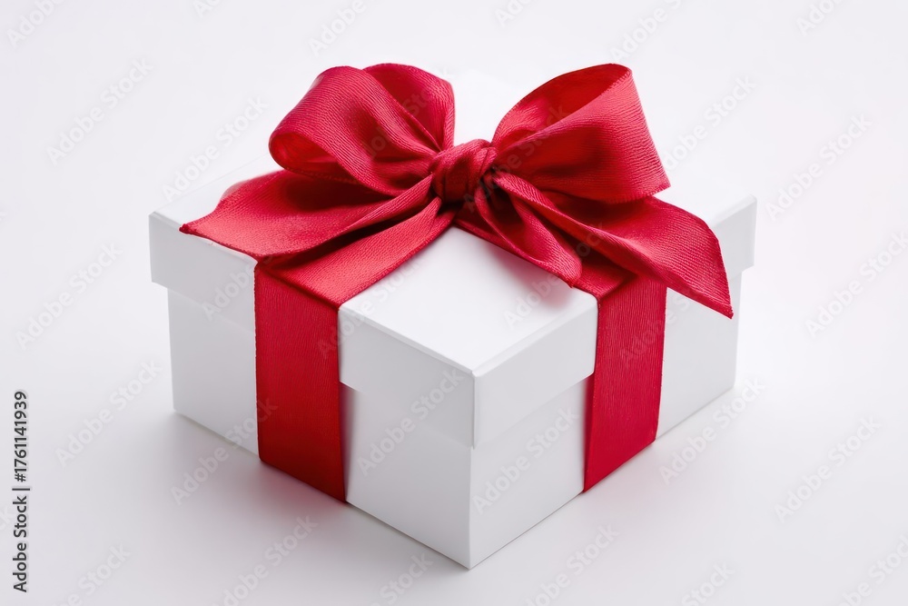 Fototapeta premium A beautifully wrapped white gift box adorned with a vibrant red satin ribbon and a large bow perfect for any occasion