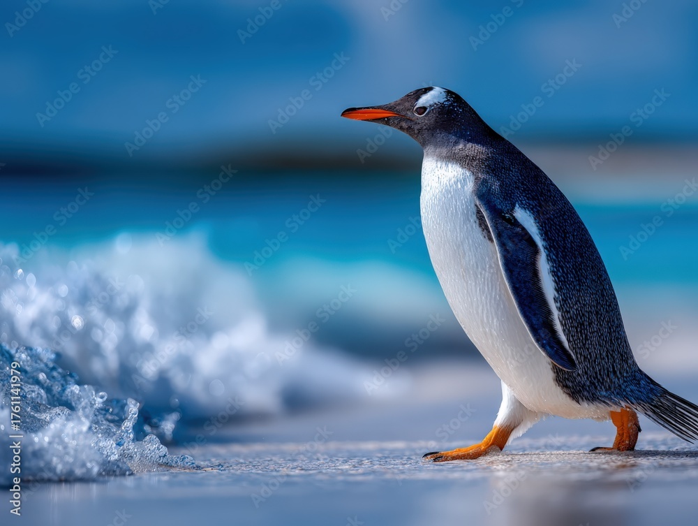 Fototapeta premium Cheerful gentoo penguin strolling along the beach at sunset
