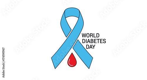 Blue awareness ribbon with blood drop and text “World Diabetes Day,” symbolizing diabetes awareness and global health prevention. Vector illustration, isolated on a transparent background
