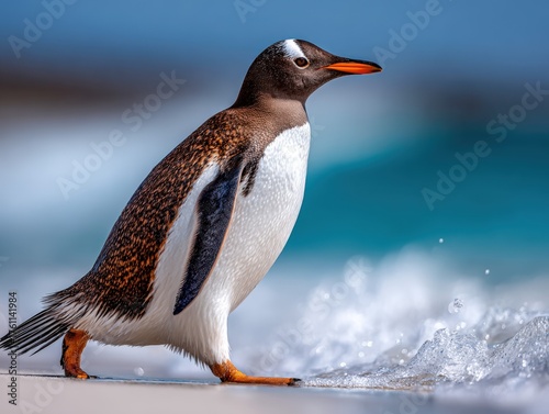 Cheerful gentoo penguin walking along the beach in a sunny day