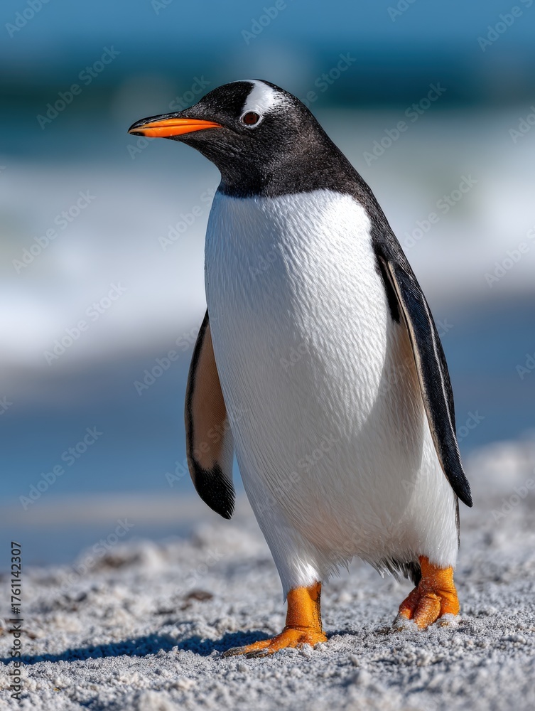 Fototapeta premium Gentoo penguin joyfully walking along the sandy beach by the ocean waves