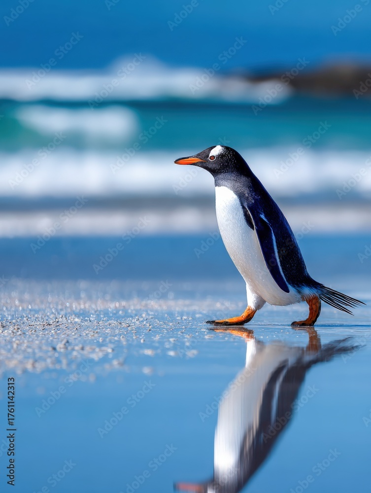 Fototapeta premium Gentoo penguin joyfully walking along a sunny beach in Antarctica