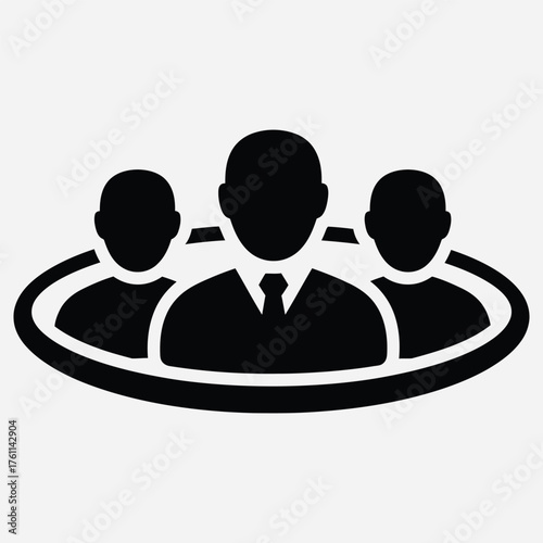 A black and white vector icon depicting a business team or community group, symbolizing leadership, management, and collaboration