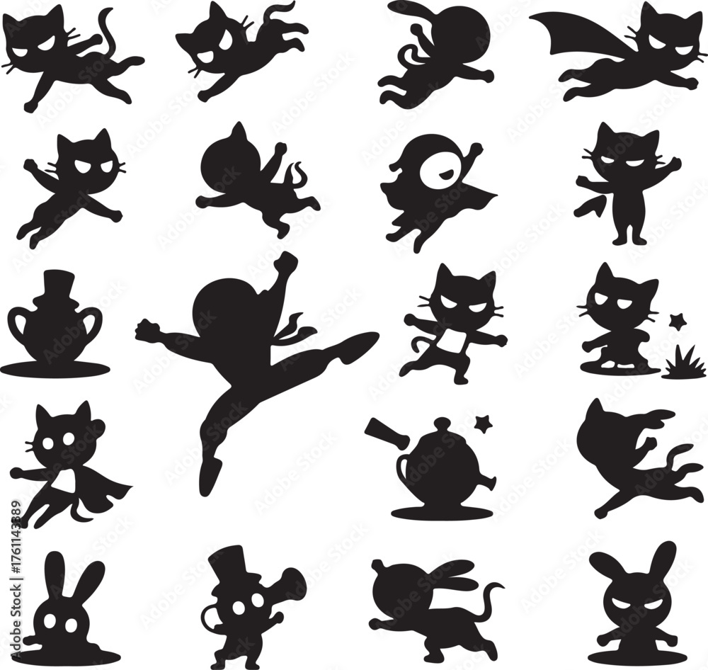 Fototapeta premium Cartoon Silhouette Characters Collection on White Background