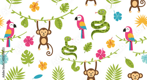 Playful Jungle Animals with Monkeys, Parrots, and Snakes