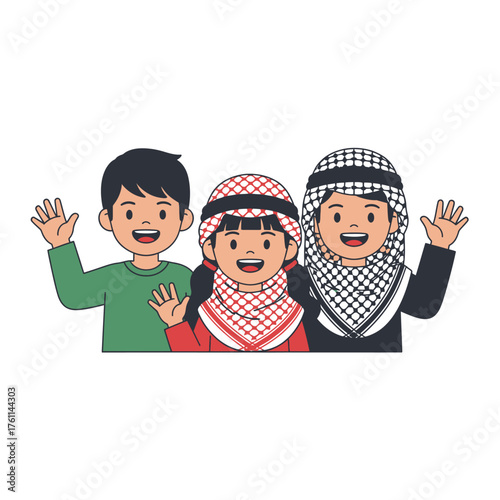 Three cheerful young children from a Middle Eastern background, dressed in traditional clothing, wave happily, symbolizing friendship and cultural diversity in a vibrant illustration