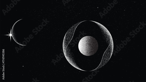 Stars and exoplanet in outer space. Futuristic landscape, with noise texture . Night landscape with starry sky .Vector illustration
