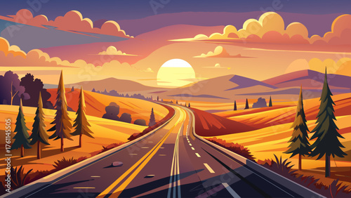 Very beautiful panoramic sunset over an asphalt road stretching through a scenic rural highway, bathed in golden hour light, creating a warm, peaceful, and timeless landscape of travel and serenity.