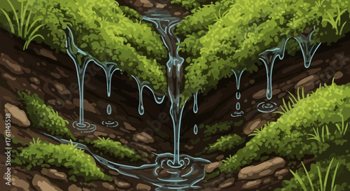 Mossy Forest Floor with Tiny Stream and Dripping Water