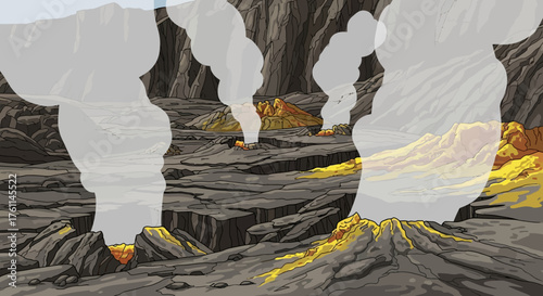 Active Volcanic Landscape with Cracks, Smoke, and Flowing Lava