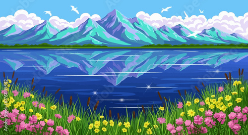 Vivid Mountain Landscape with Lake Reflection and Wildflowers