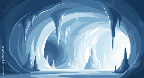 Abstract Ice Cave Interior with Glowing Stalagmites