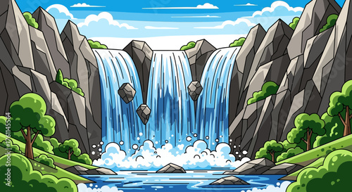 Majestic Mountain Waterfall and River Landscape Illustration