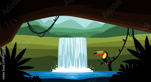 Jungle Waterfall with Tropical Toucan Illustration vector