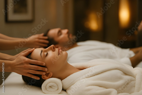 Relaxing spa day for a couple with soothing head massages in a tranquil setting, perfect for wellness promotions and luxury lifestyle campaigns