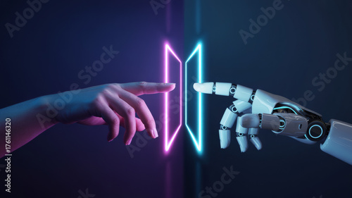 Human and robot hands touching glowing neon frames symbolizing digital connection artificial intelligence future technology