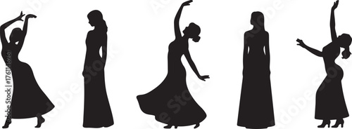 Dancing women silhouettes in elegant gowns