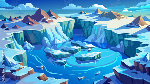 Aerial view of glacier breaking apart at the edge of a fjord, huge ice blocks drifting away on cold blue water, mist rising from cracks