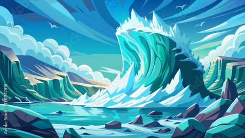 Massive glacier cracking apart, giant ice blocks falling into turquoise sea, waves splashing high, sunlight reflecting through mist, powerful natural event frozen in motion