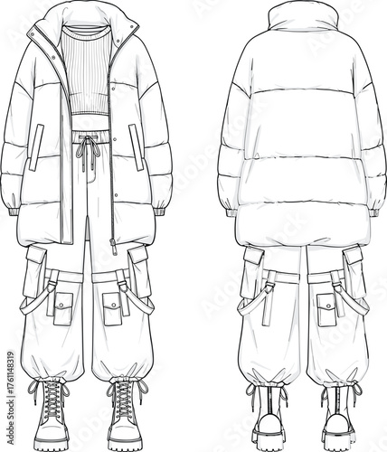 Winter outfit fashion illustration, puffer jacket sketch, cargo pants design, combat boots drawing, technical garment template, apparel concept art, clothing blueprint