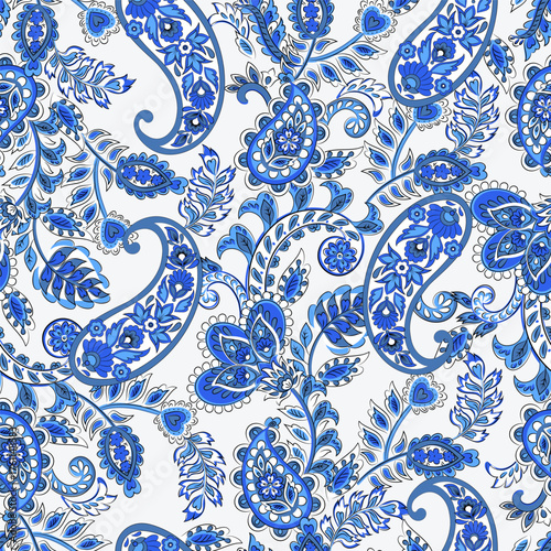 Paisley vector seamless design flowers and leaves in a batik-inspired style. Vintage fabric backdrop