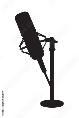 Black silhouette of a condenser microphone on a stand against a white background studio microphone recording microphone