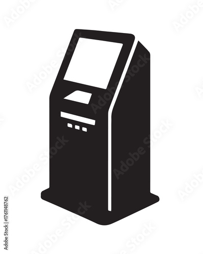 Black silhouette of a modern self-service kiosk with a touchscreen display and buttons on a white background