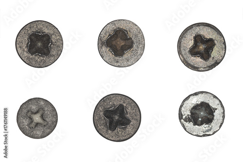 Used screw and bolt heads with signs of wear, scratches, dents, rust spots. Close-up view. Isolated on transparent background. Set 6.
