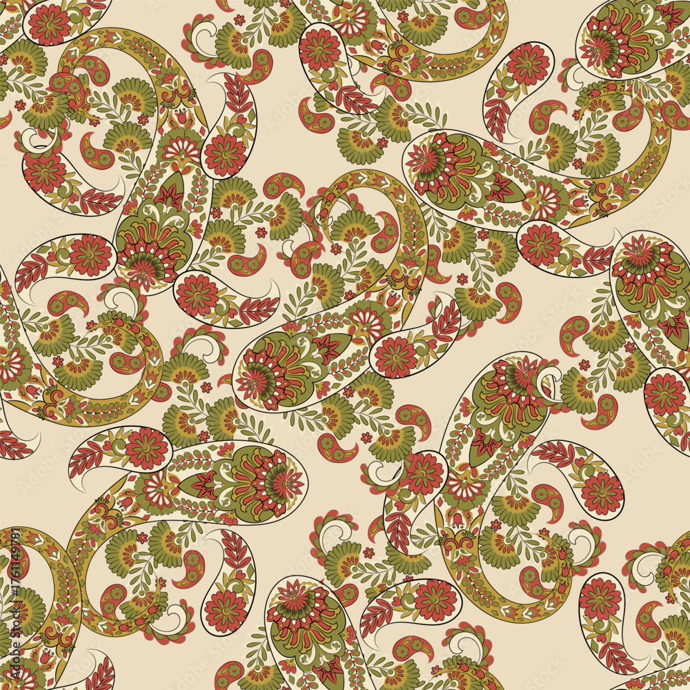 Fototapeta premium Colorful Paisley wallpaper. Vector Indonesian batik. Bright classic indian fabric. Paisley wallpaper. Ethnic background with paisley and stylized flowers. For textile, cover, wrapping paper, fabric