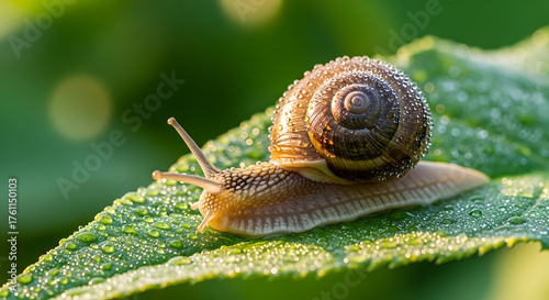 Garden Snail on Wet Leaf