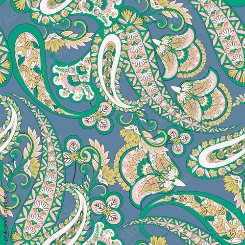 Floral seamless pattern with paisley ornament. Vector illustration in asian textile style