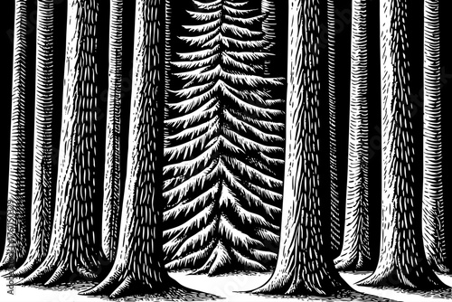 Abstract vector of dense pine tree trunks with extreme vertical contrast and clean silhouettes