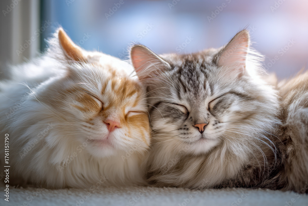 Fototapeta premium Two fluffy cats with closed eyes resting closely together in a cozy, sunlit environment showcasing comfort and companionship between pets