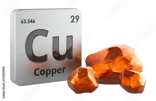 Periodic table copper element symbol with metallic copper nuggets. 3D rendering