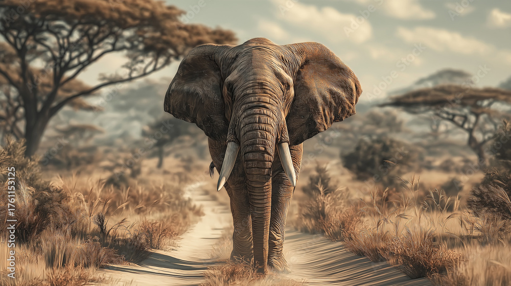 Fototapeta premium Elephant in the African savannah on a dirt road
