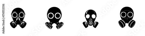 Different styles of gas masks in various designs showing protective gear for hazardous environments