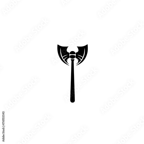 Unique black axe design with intricate details displayed against a white background