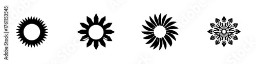 Black silhouette symbols of various sun and flower designs suitable for graphic use in print or digital projects