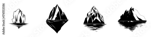 Artistic representations of icebergs illustrating various shapes and styles in monochrome design